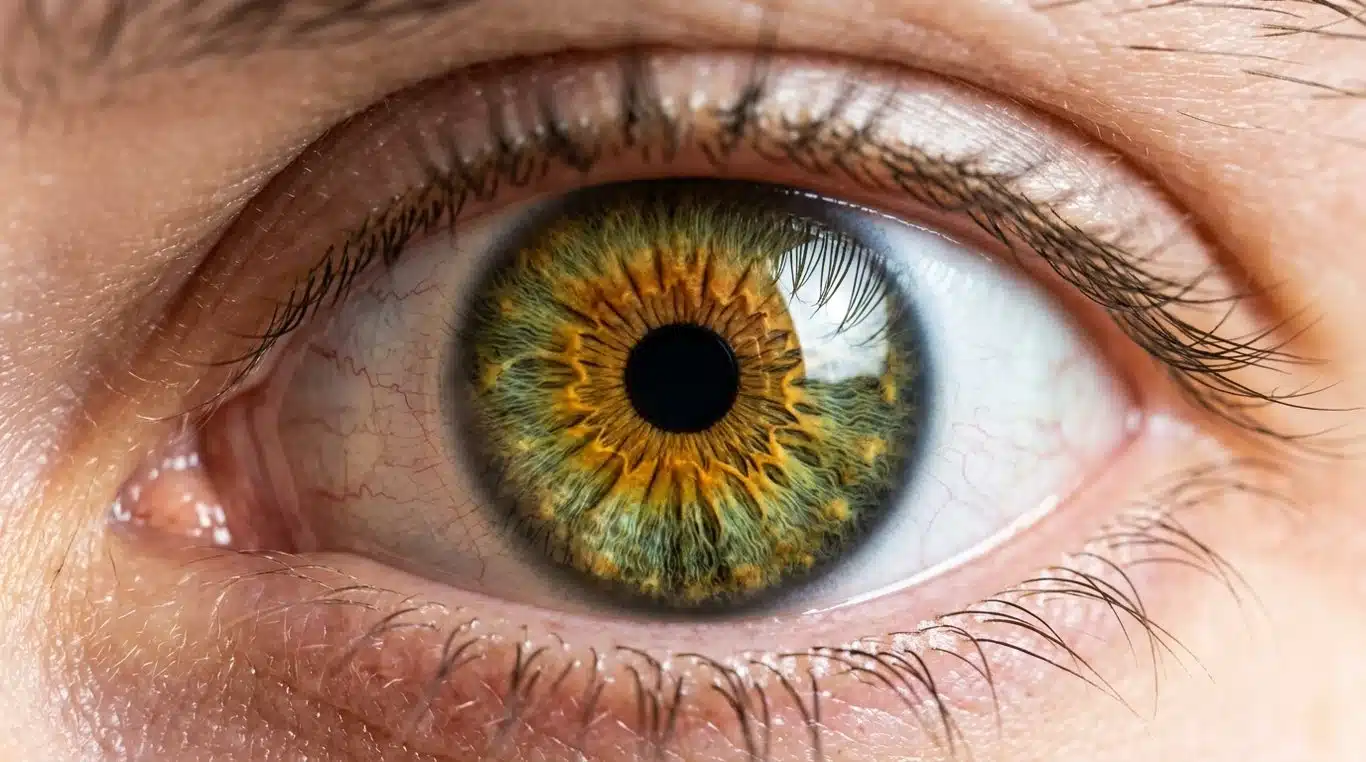 Close-up of a hazel eye showing the sunburst effect and color variations.