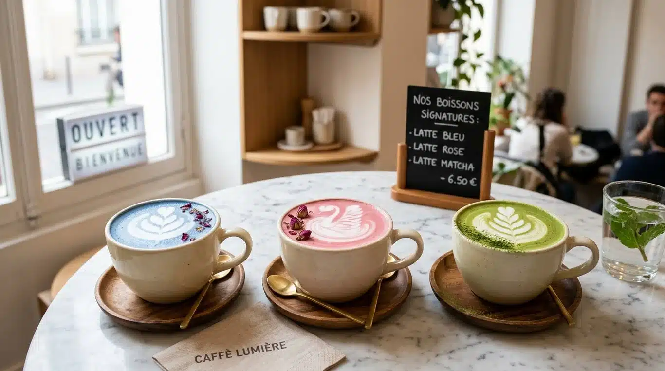 Lattes signatures du 48 Collagen Café : Blue, Pink et Matcha