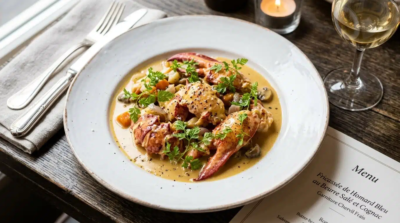 Fricassée de homard bleu au beurre demi-sel et cognac