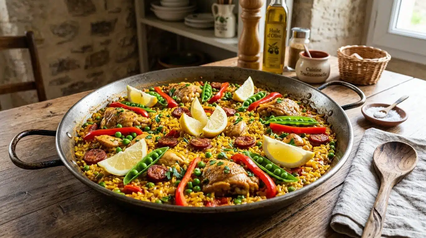 Paella au poulet et chorizo dans une poêle traditionnelle