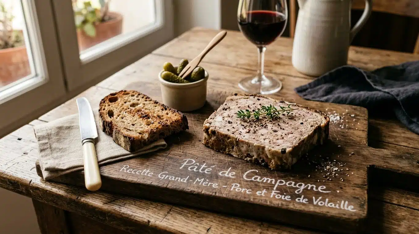 Pâté de campagne maison rustique sur une planche en bois avec du pain et des cornichons