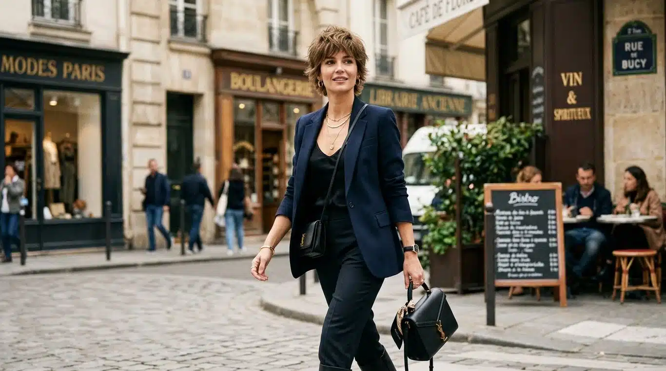 Femme avec une coupe courte moderne de type shaggy pixie