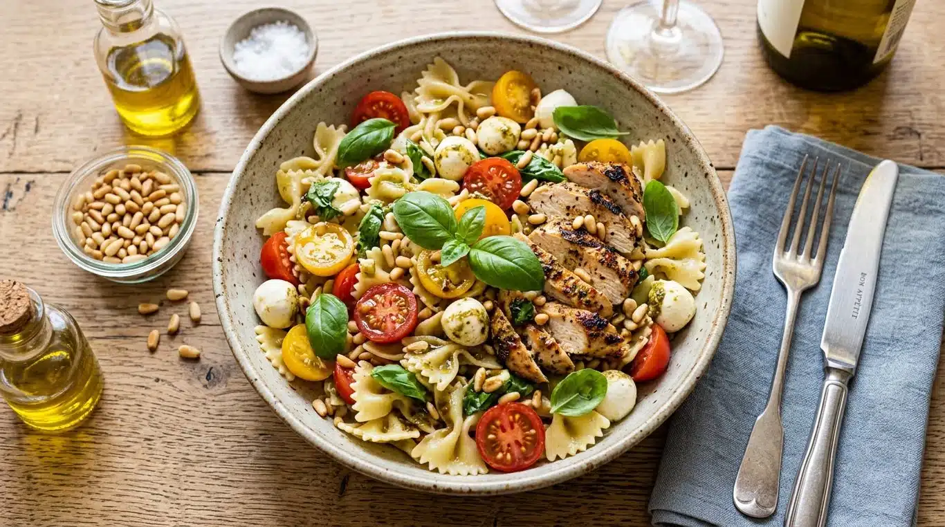 Salade de pâtes au poulet, tomates cerises et basilic frais dans un bol en céramique