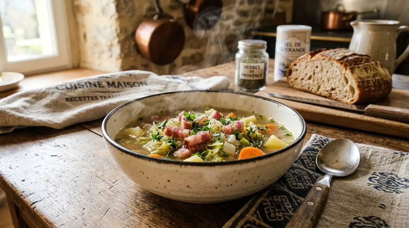 Soupe au chou vert traditionnelle fumante dans un bol rustique