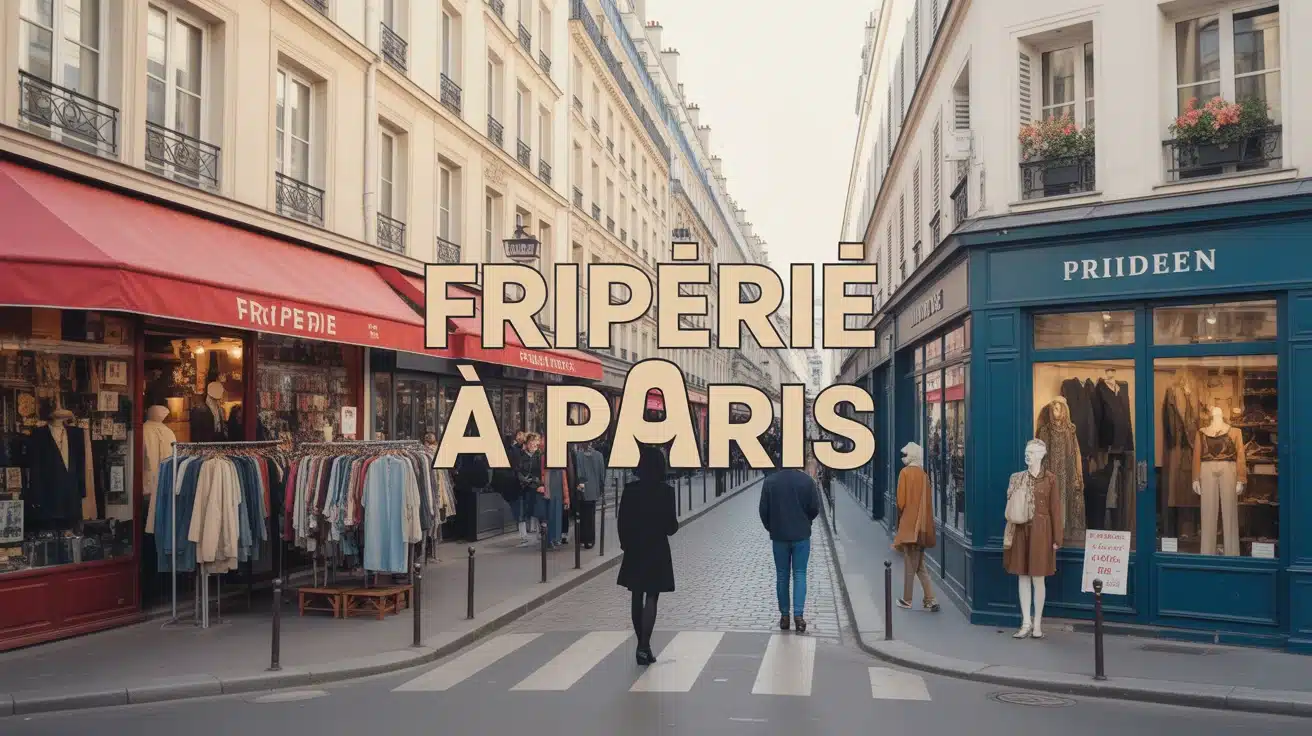 illustration friperie à Paris avec silhouettes et vêtements vintage