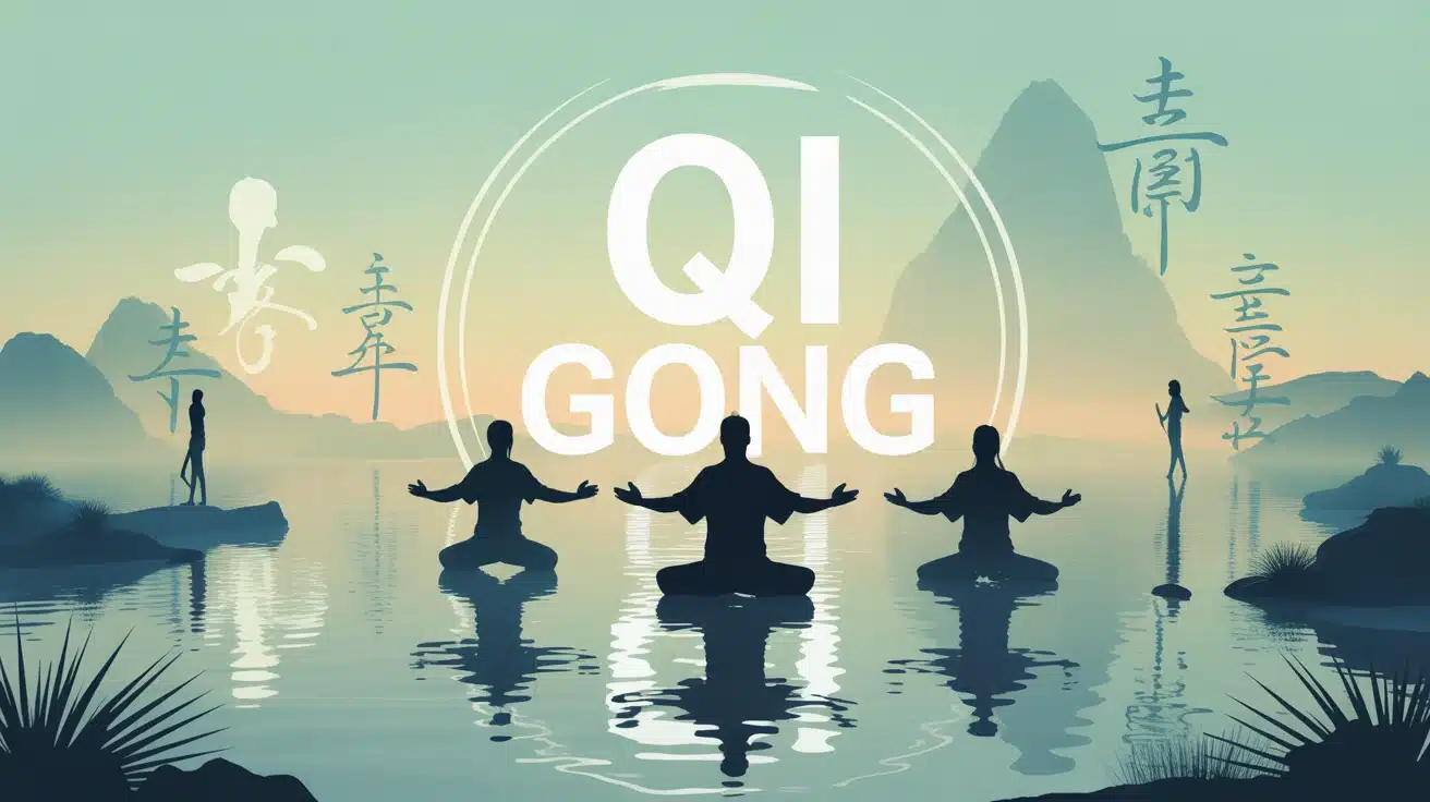 Silhouettes en posture de Qi Gong dans un paysage zen avec flux d'énergie