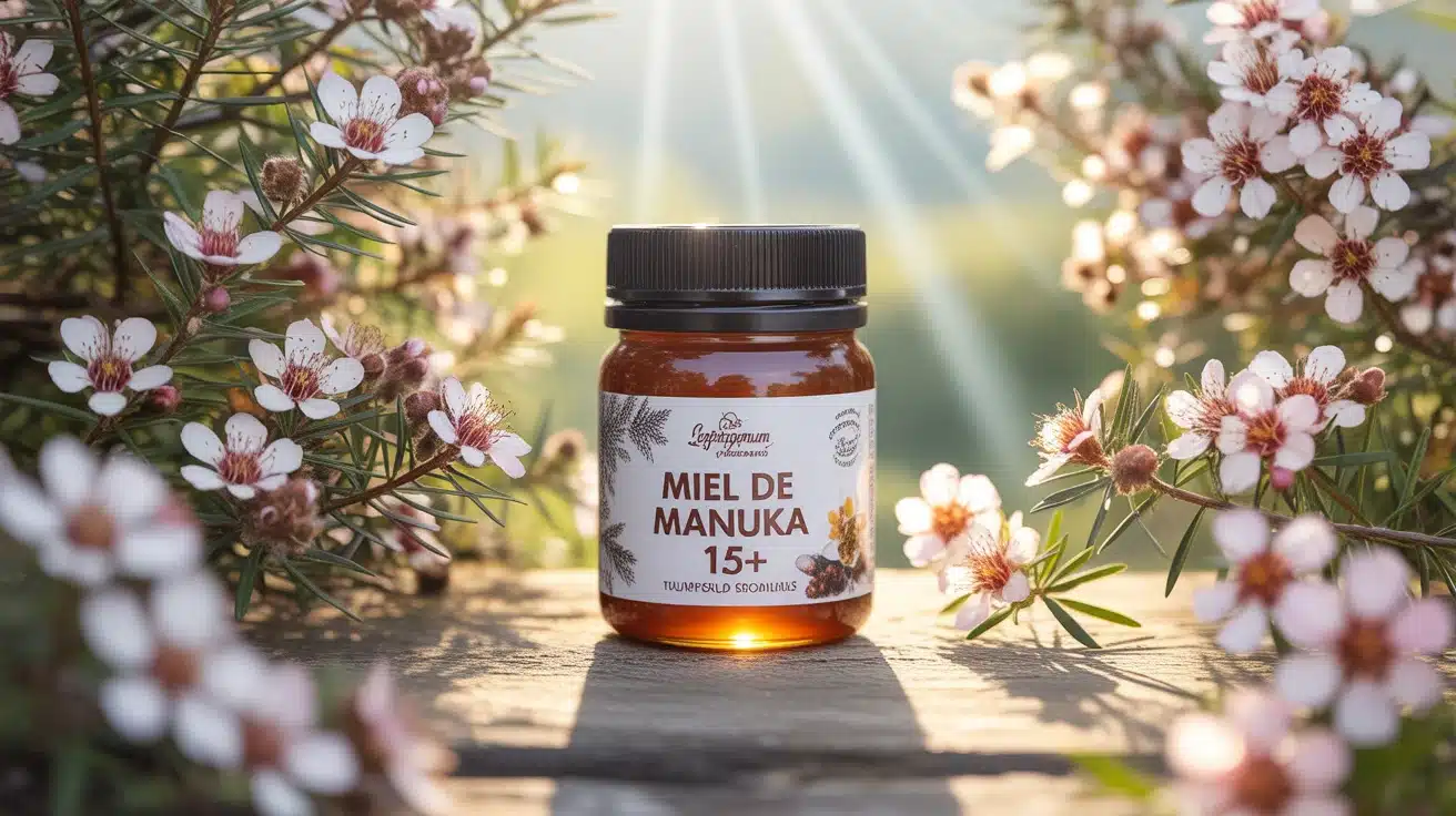 Pot de Miel de Manuka 15 plus avec fleurs de Leptospermum scoparium