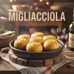Migliacciola dorée sur plat en terre cuite avec fromage frais et vin corse