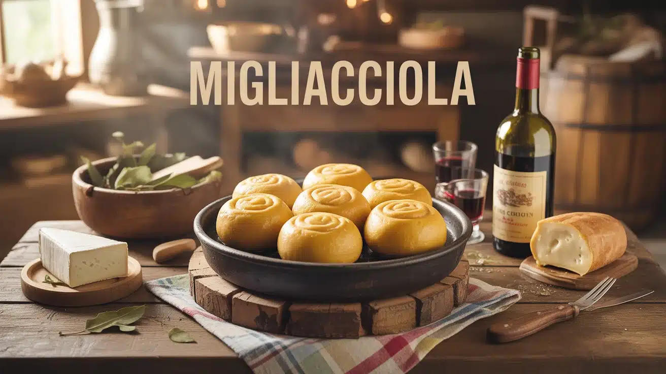 Migliacciola dorée sur plat en terre cuite avec fromage frais et vin corse