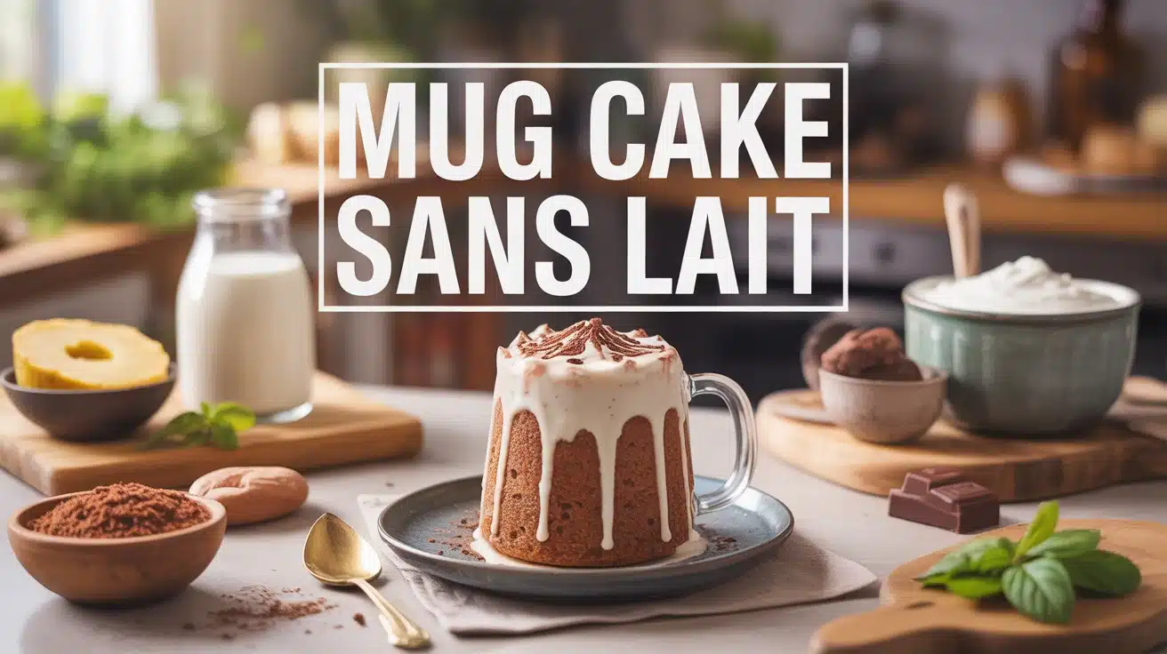 Mug cake sans lait appétissant avec ingrédients végétaux sur table de cuisine