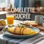 Omelette sucrée moelleuse avec pommes et sirop d'érable sur table de petit déjeuner