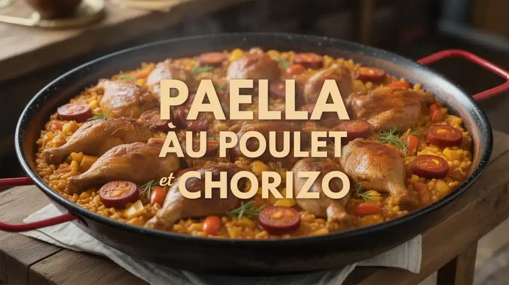 paella au poulet et chorizo dans une grande poêle traditionnelle
