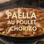 paella au poulet et chorizo dans une grande poêle traditionnelle
