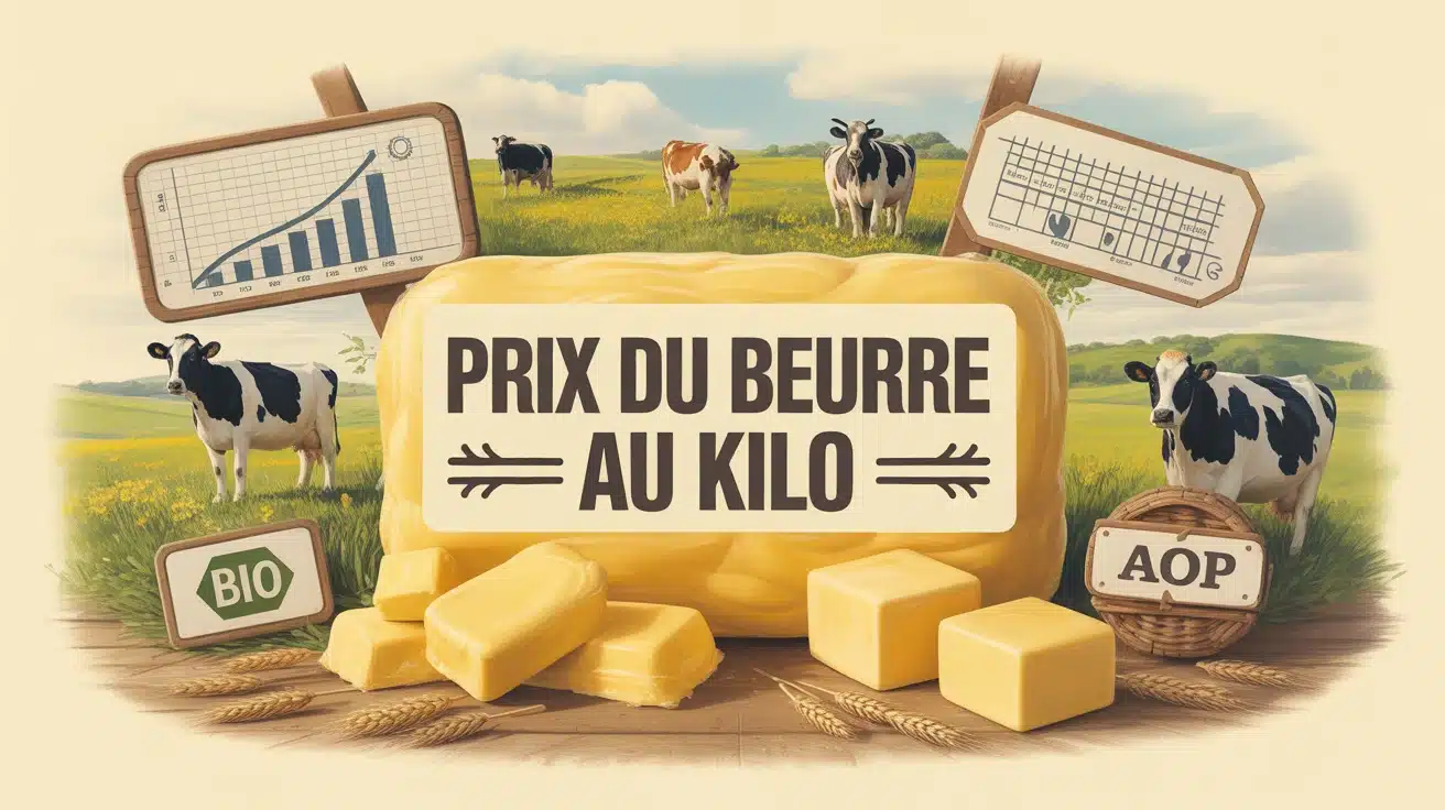 illustration prix du beurre au kilo avec beurre, vaches et graphiques