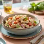 salade de pâtes au poulet dans un bol avec tomates cerises et basilic