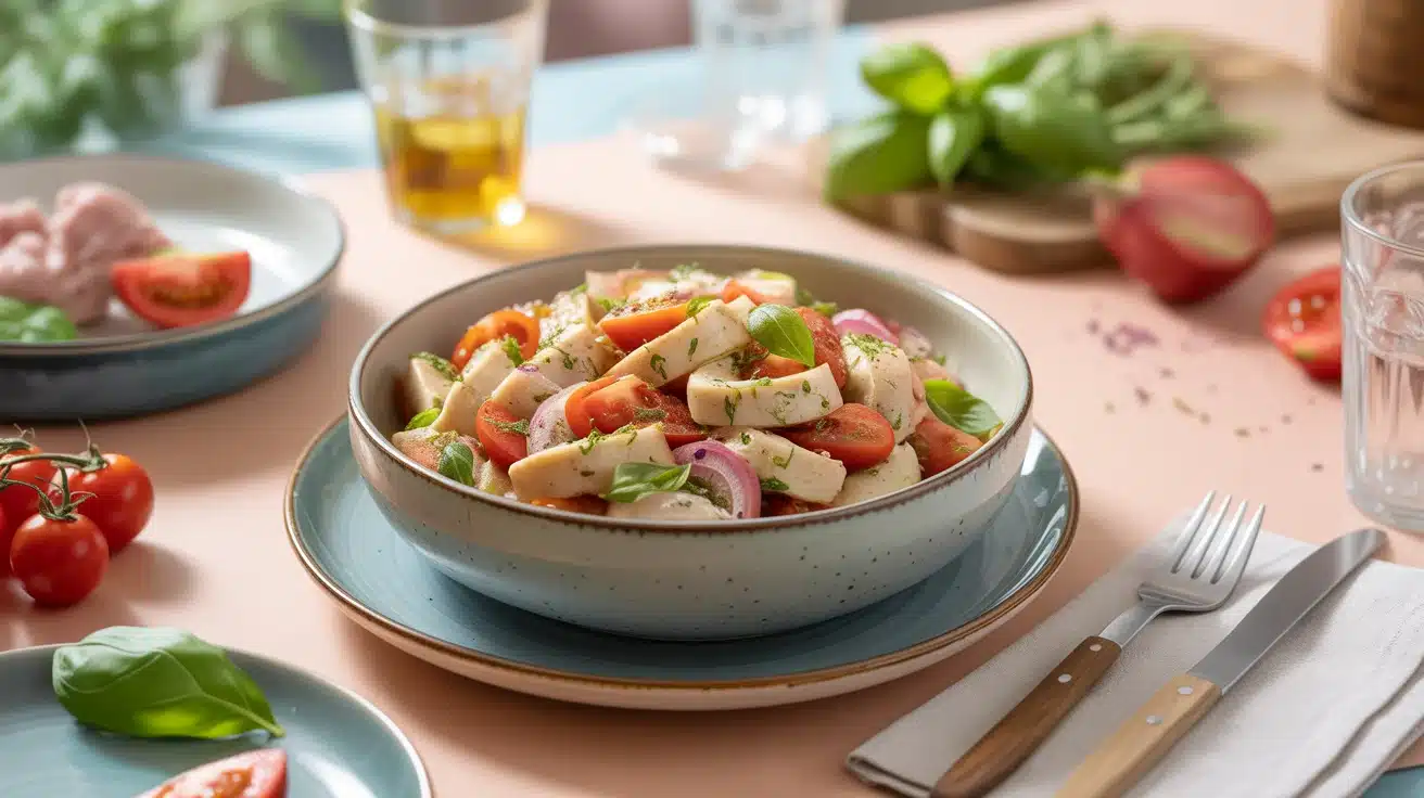 salade de pâtes au poulet dans un bol avec tomates cerises et basilic
