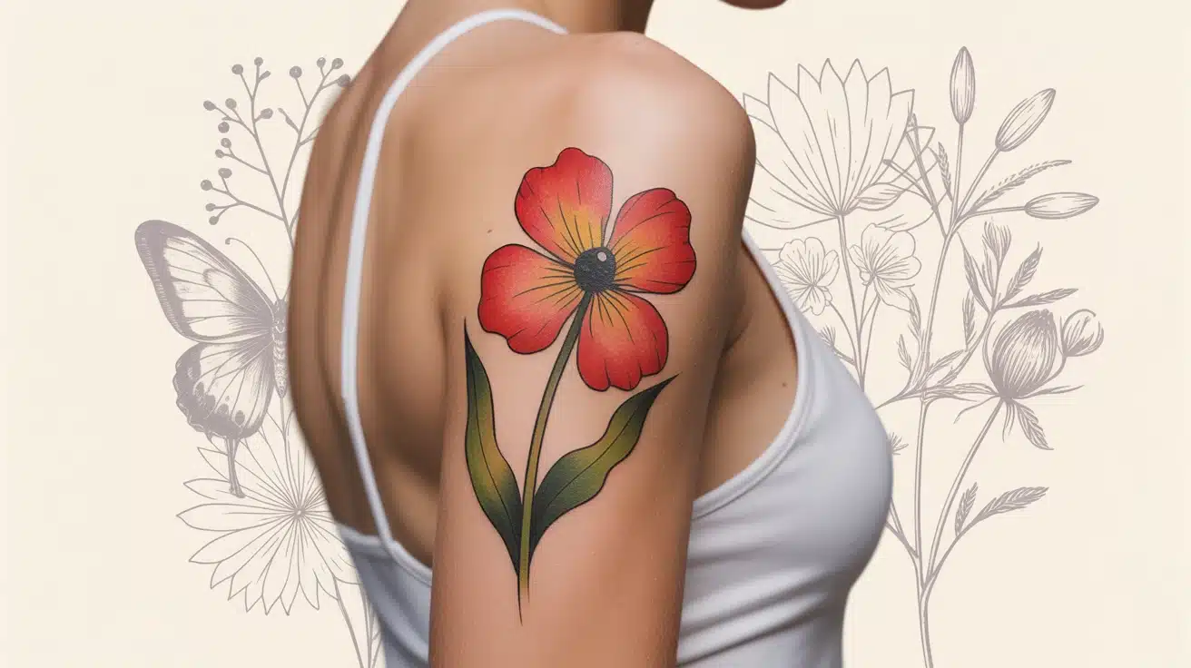 Tatouage coquelicot rouge vibrant sur peau stylisée