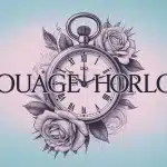 Tatouage horloge avec roses, engrenages et œil mystique sur fond bleu pastel