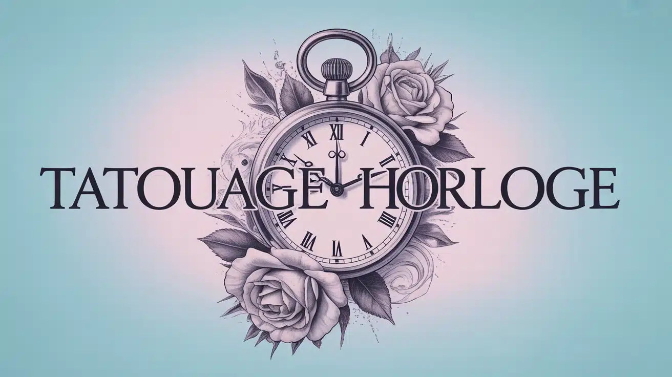 Tatouage horloge avec roses, engrenages et œil mystique sur fond bleu pastel