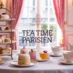 illustration tea time parisien avec pâtisseries et thé en porcelaine