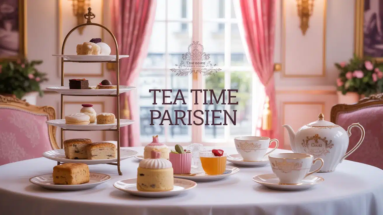 illustration tea time parisien avec pâtisseries et thé en porcelaine