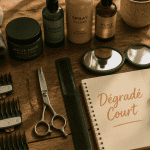 outils coiffeur degrade court flat lay