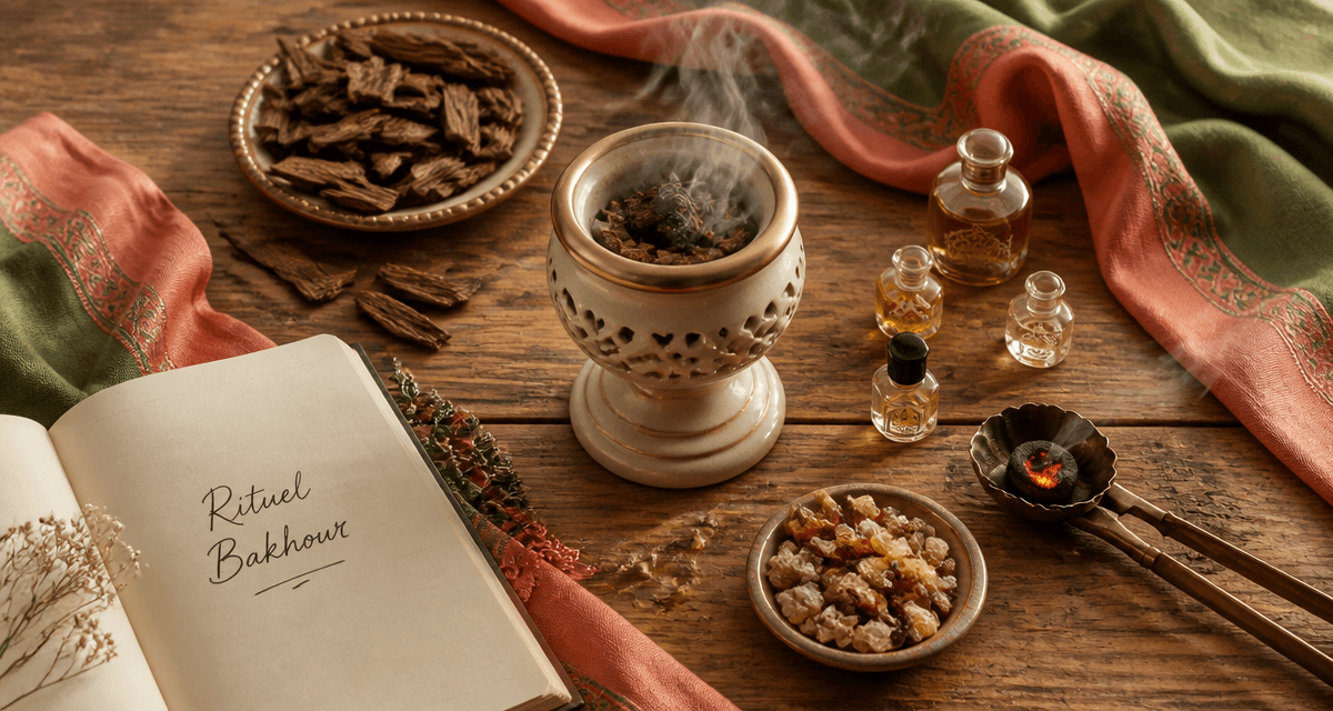 bakhour rituel sur table bois avec mabkhara et copeaux