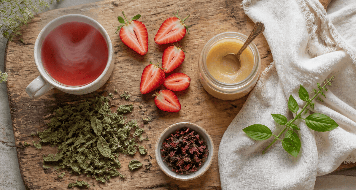 Bienfait fraise the ou tisane, mug et fruits