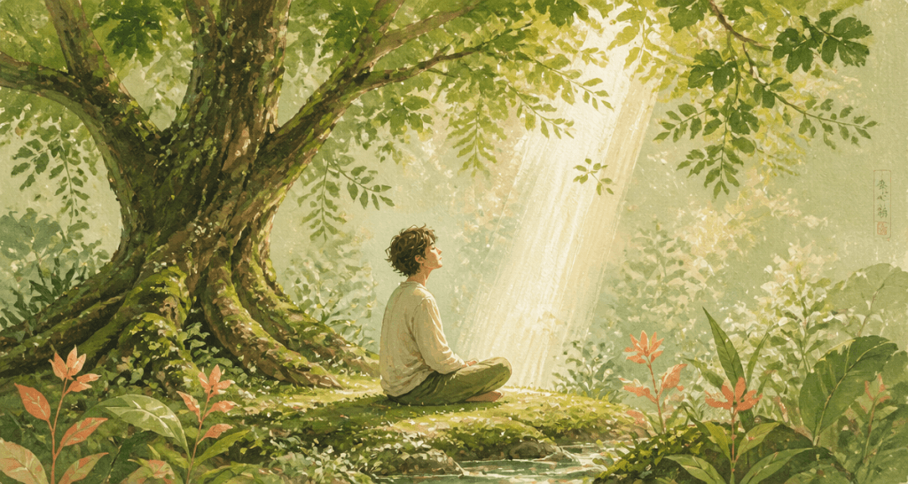 Elevation spirituelle personnage meditant clairiere