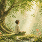 Elevation spirituelle personnage meditant clairiere