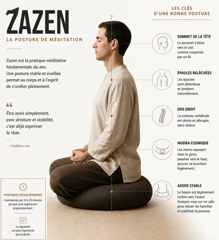 Posture de méditation zazen sur zafu pour la pratique du zen bouddhiste