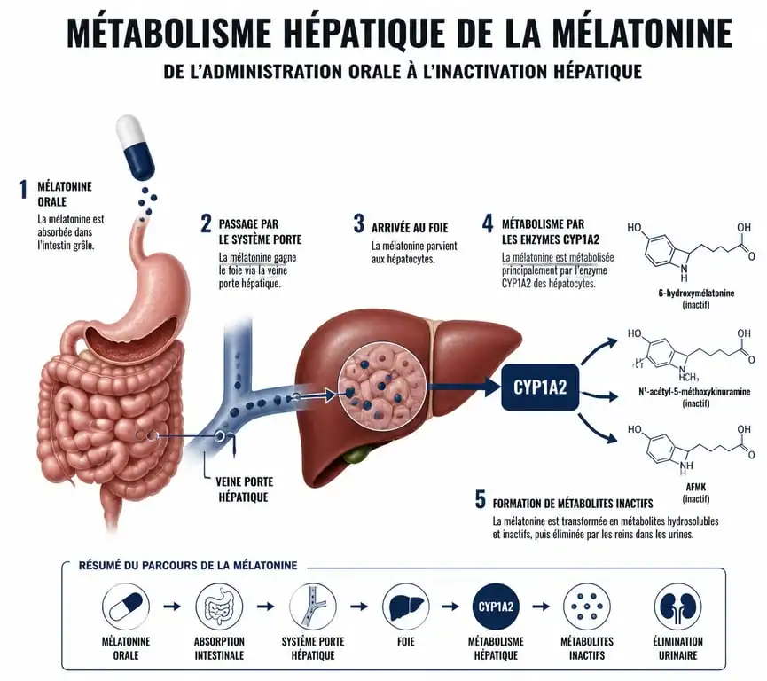 Schéma du métabolisme hépatique de la mélatonine et risques pour le foie