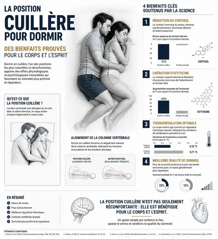 Infographie sur les bienfaits santé de la position cuillère pour dormir en couple