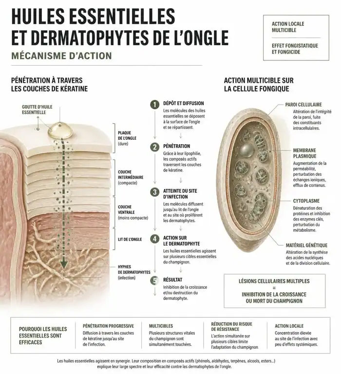 Infographie sur l'efficacité des huiles essentielles contre la mycose de l'ongle du pied