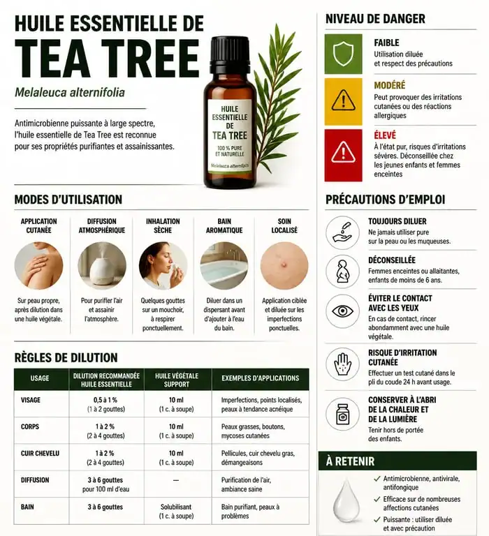 Infographie des risques et précautions d'utilisation de l'huile essentielle de tea tree