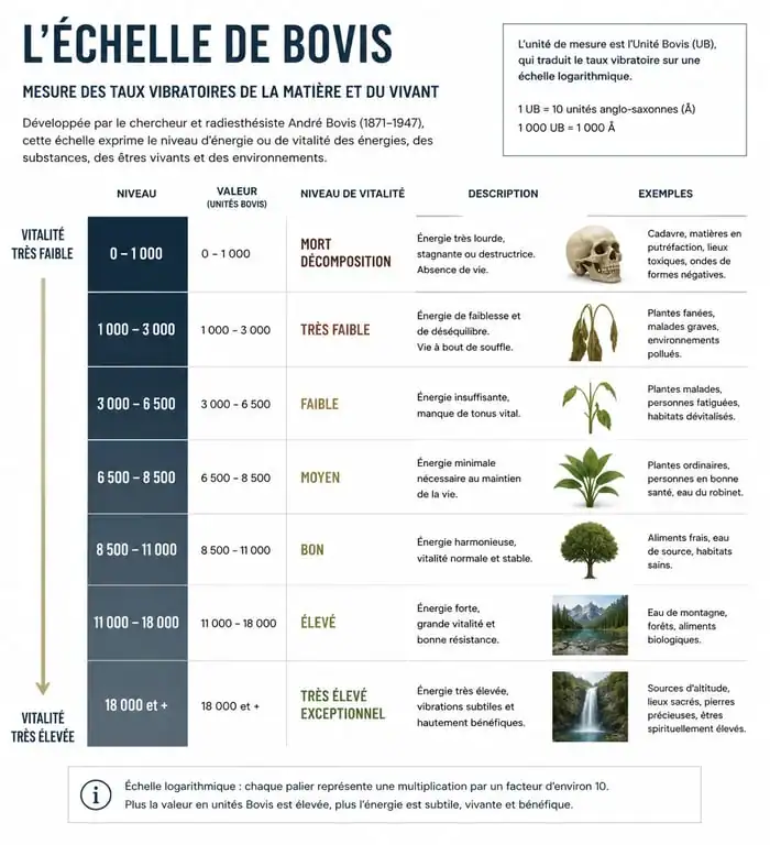 Infographie de l'échelle de Bovis pour mesurer le taux vibratoire