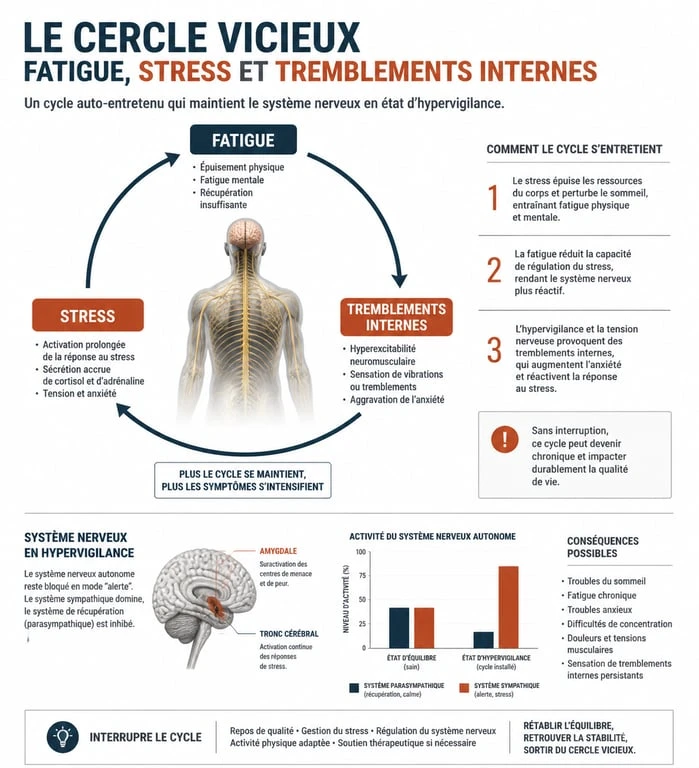 Schéma explicatif du mécanisme physiologique des tremblements internes liés à la fatigue et au stress.