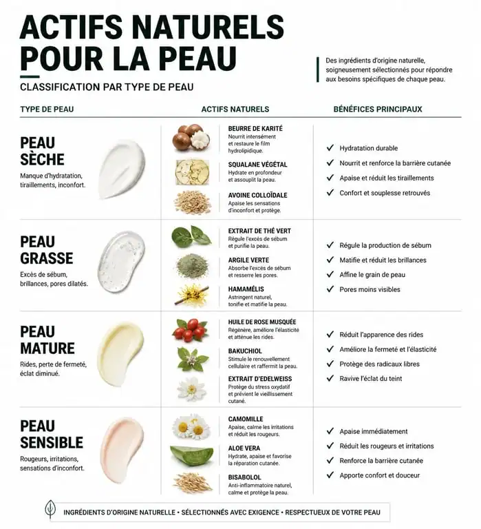 Infographie des actifs naturels pour le soin au naturel selon le type de peau