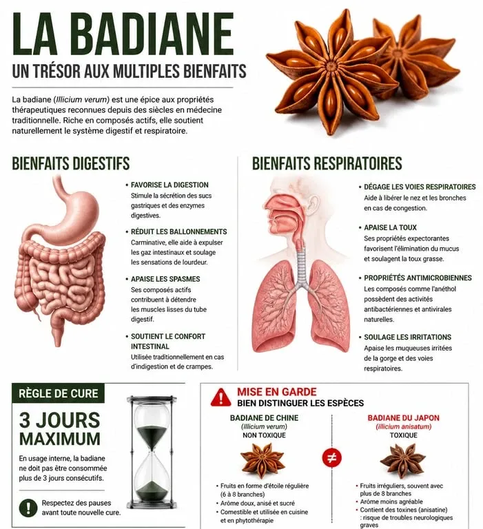 Infographie sur les bienfaits et précautions de la badiane pour la santé