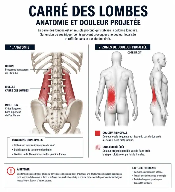Schéma anatomique des causes de la douleur bas du dos droit et zones projetées