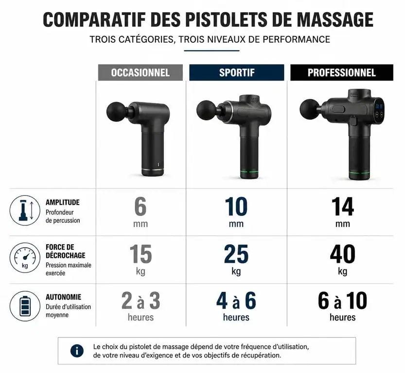 Infographie comparative des pistolets de massage : choisir son modèle selon son usage