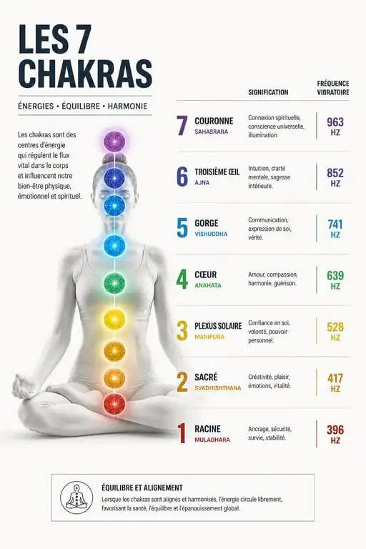 Infographie des 7 chakras et leur couleur pour l'harmonisation énergétique