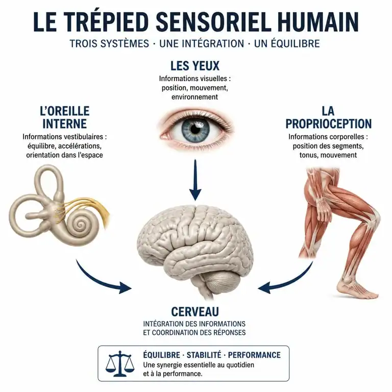 Schéma explicatif du trépied sensoriel : vision, oreille interne et proprioception, causes de la fatigue et du vertige.