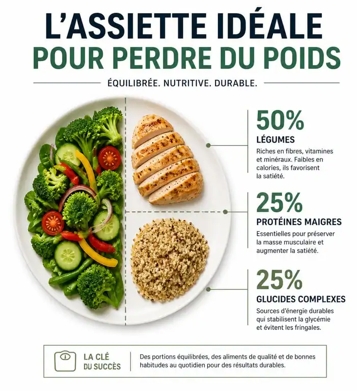 Infographie de la méthode de l'assiette idéale pour maigrir avec 50% de légumes, 25% de protéines et 25% de glucides complexes