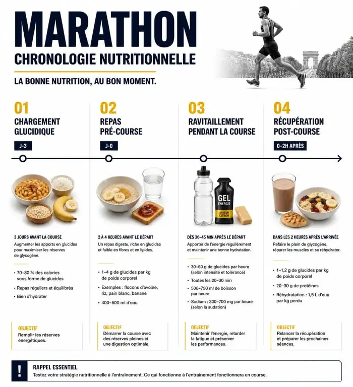Infographie chronologie nutritionnelle pour un marathon : alimentation avant, pendant et après la course