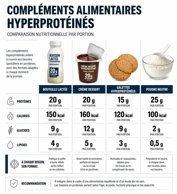 Infographie comparative des compléments alimentaires hyperprotéinés en pharmacie : apports nutritionnels et types de produits