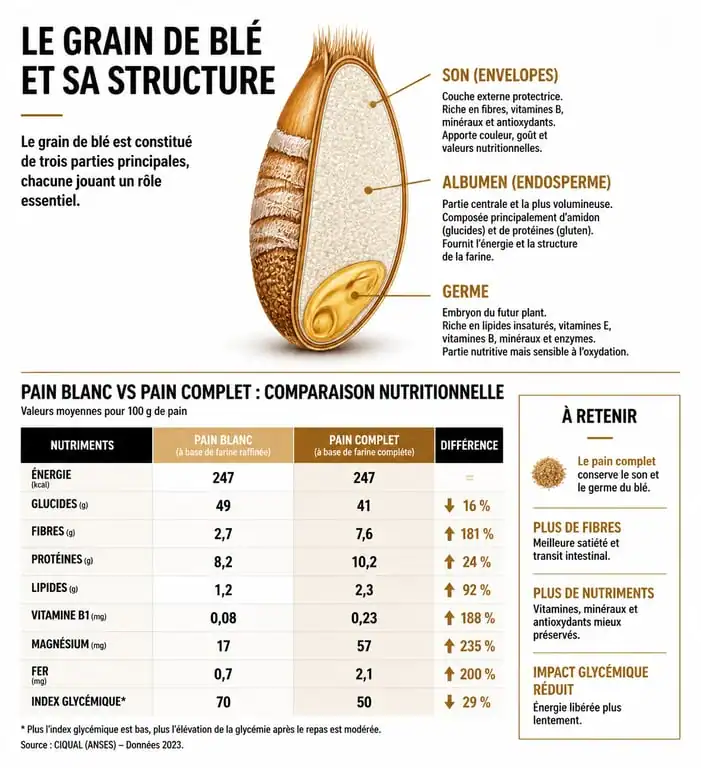 Infographie sur les bienfaits nutritionnels du pain complet et la composition du grain de blé