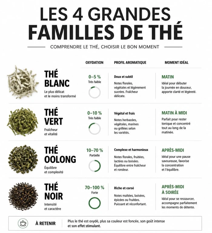 Infographie comparative des types de thé pour choisir le meilleur thé selon ses goûts et le moment de la journée.