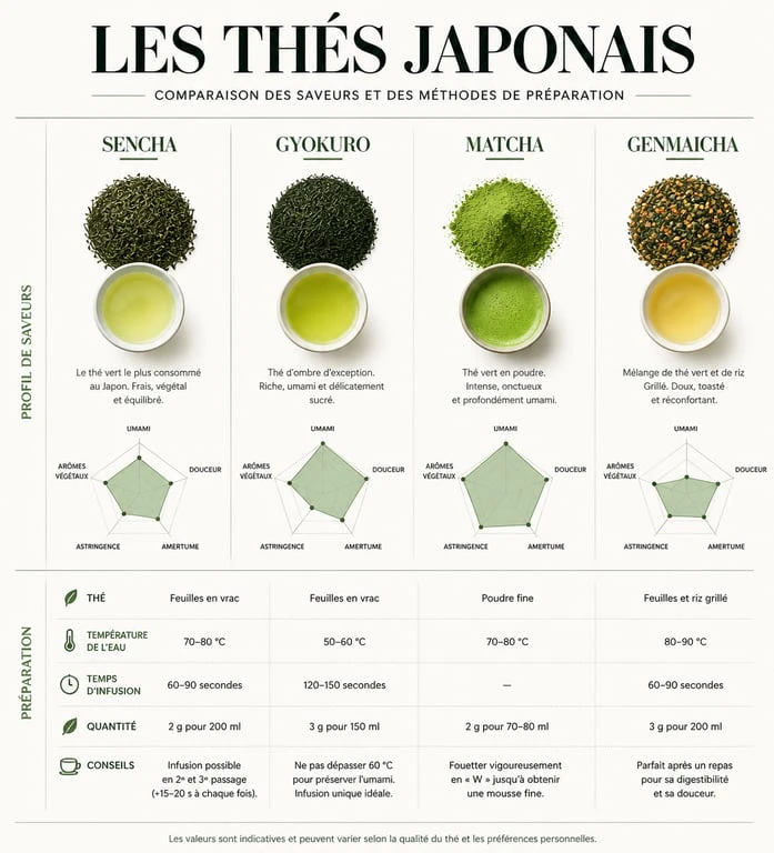 Infographie comparative des variétés de thé japonais : Sencha, Gyokuro, Matcha et Genmaicha