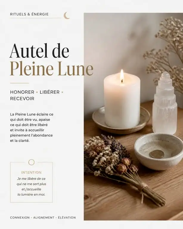 Autel de rituel de pleine lune avec bougie, cristal de sélénite et verre d'eau pour manifestation